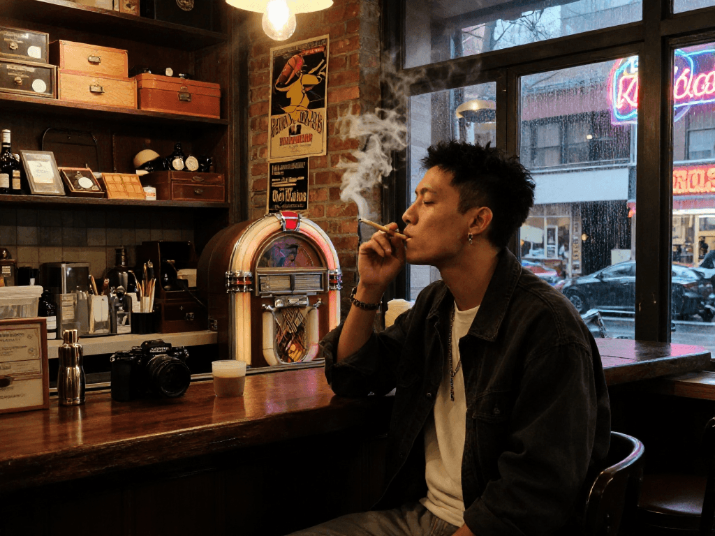 Stylish individual enjoying rokok 88 in a vintage smoke shop with a cozy urban atmosphere.