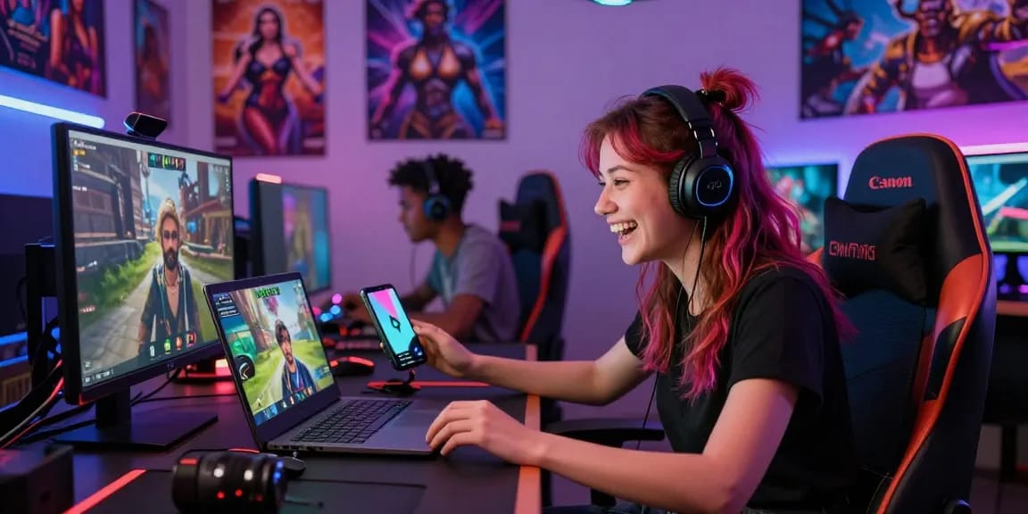 Engaging scene of players enjoying online sex games on multiple devices in a cozy gaming space, highlighting community and fun.