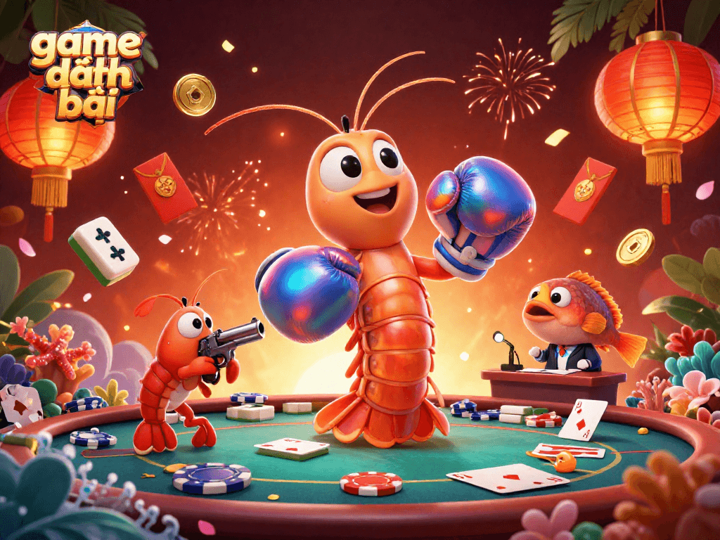 Game đánh bài illustration showcasing lively poker characters amidst vibrant casino elements.