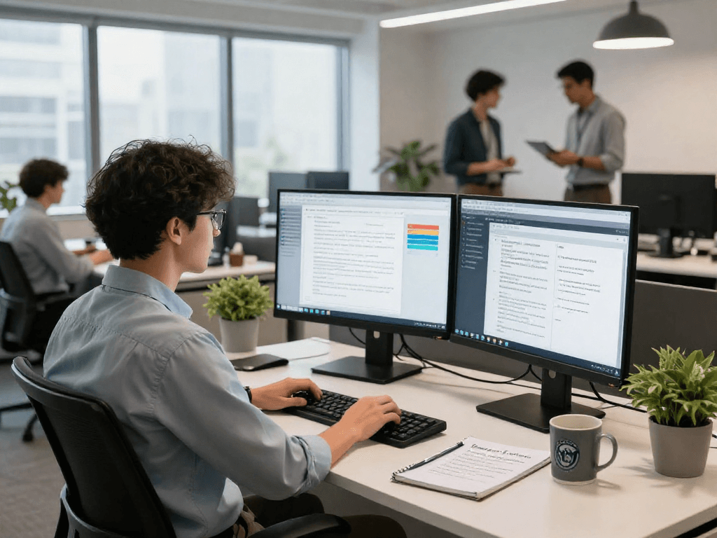 Document fraud detection tools in use by a cybersecurity analyst in a modern office setting.