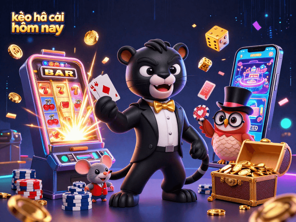Experience kèo nhà cái hôm nay with a vibrant 3D casino scene featuring thrilling games and lucky characters.