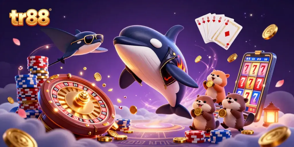 tr88 casino scene featuring a jumping orca, a stingray, and otters with coins.