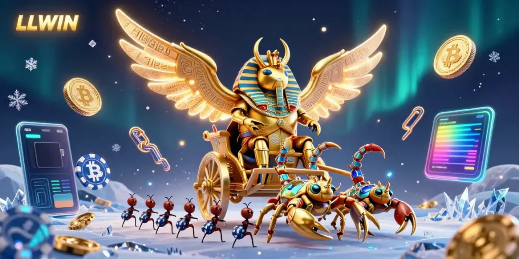 Experience the vibrant LLWIN casino universe with a pharaoh armor beetle and scorpion chariot.