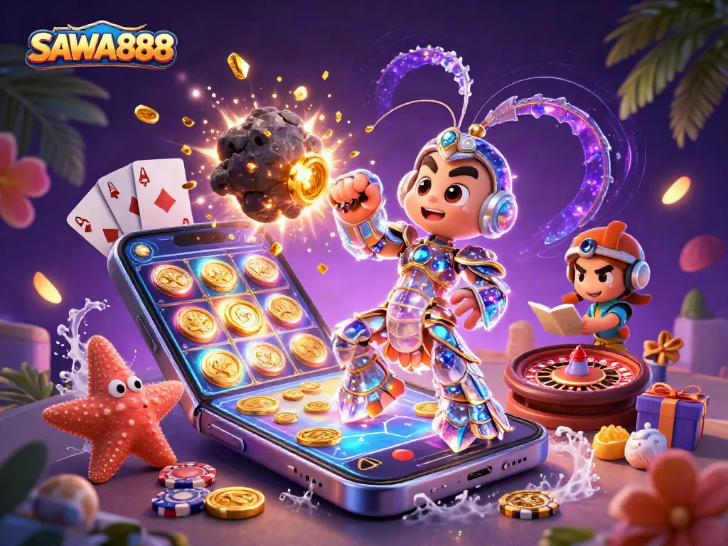 SAWA888 features a galactic samurai mantis shrimp and a starfish navigating casino elements.