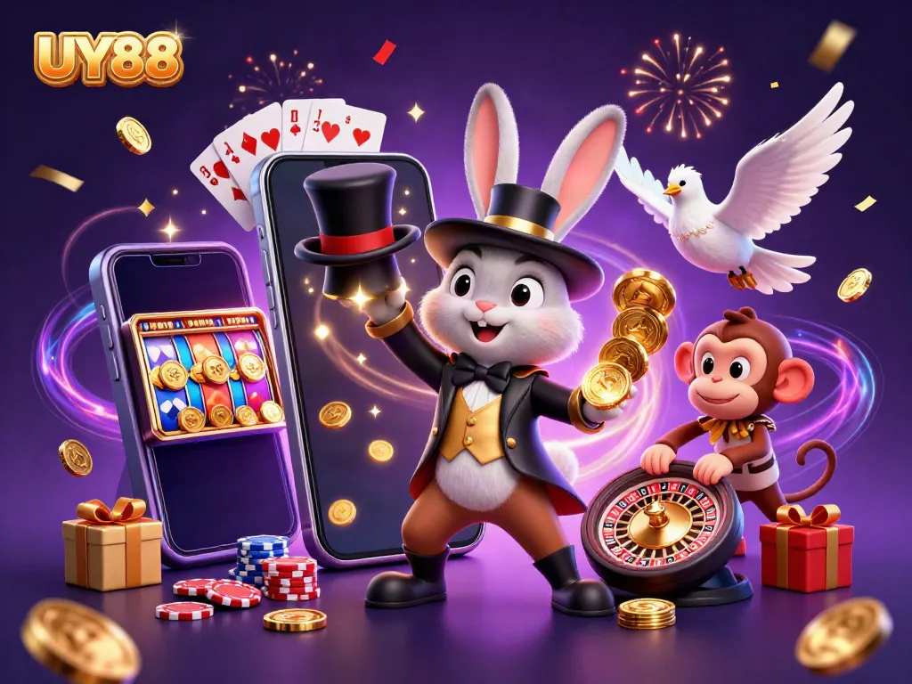 Catch the magician rabbit pulling coins for UY88, with casino elements illustrating exciting gameplay.