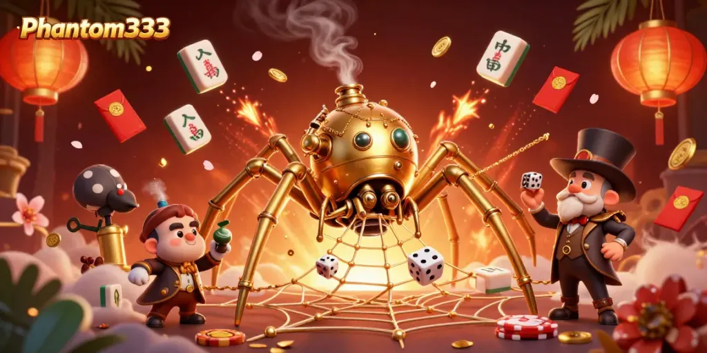 Engage with Phantom333's thrilling gaming experience featuring a steampunk spider and vibrant casino elements.
