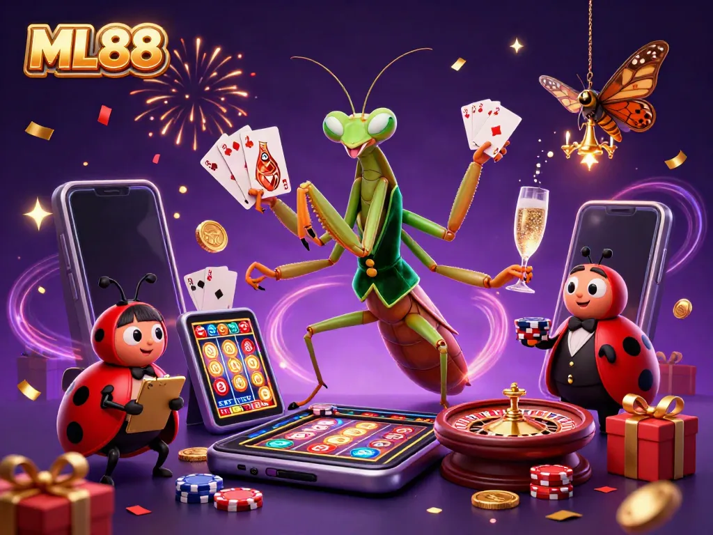 ML88 features a giant praying mantis card sharp and ladybug pit boss amidst casino action, showcasing vibrant slot games.