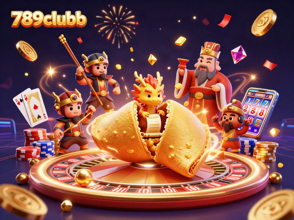 Engage with thrilling games at 789clubb with golden dragons and fortune cookies in a vibrant casino setting.