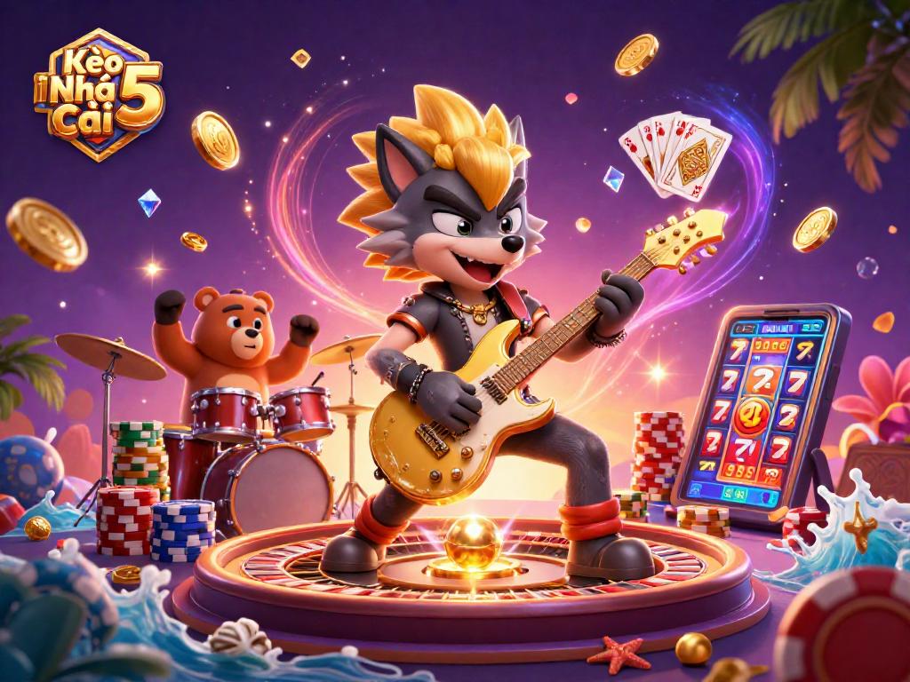 Kèo Nhà Cái 5 brings excitement with a rock star wolf, lively action, and casino elements
