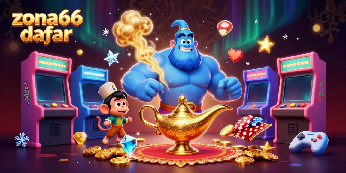 Permainan zona66 daftar - Genie biru dan karakter lain dalam ilustrasi 3D penuh warna.
