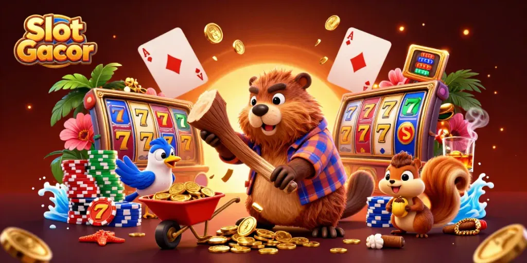 Mainkan Slot Gacor dengan karakter kartun yang meriah, dikelilingi oleh elemen kasino yang menarik.