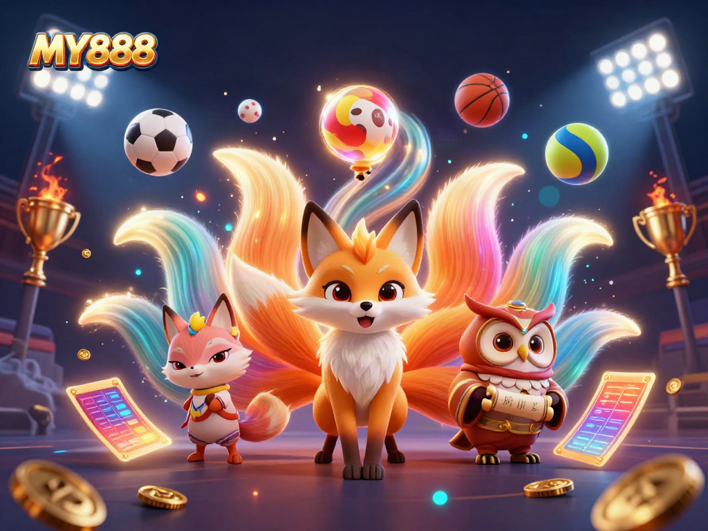 Experience the vibrant world of MY888 with a lively scene featuring a glowing nine-tailed fox and wise owl amidst dynamic sports elements.