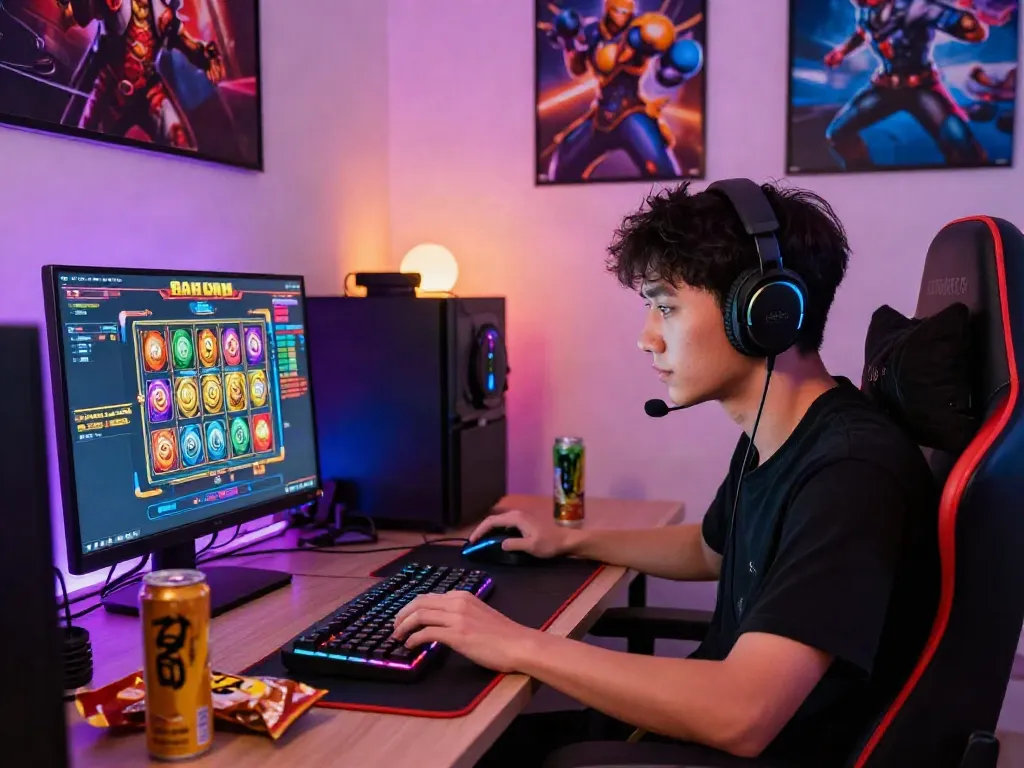 Player enjoying slot gacor game in vibrant gaming setup surrounded by accessories.