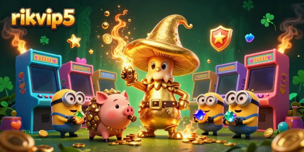 Experience thrilling gameplay at rikvip5 with an enchanting golden mushroom wizard surrounded by vibrant casino elements.