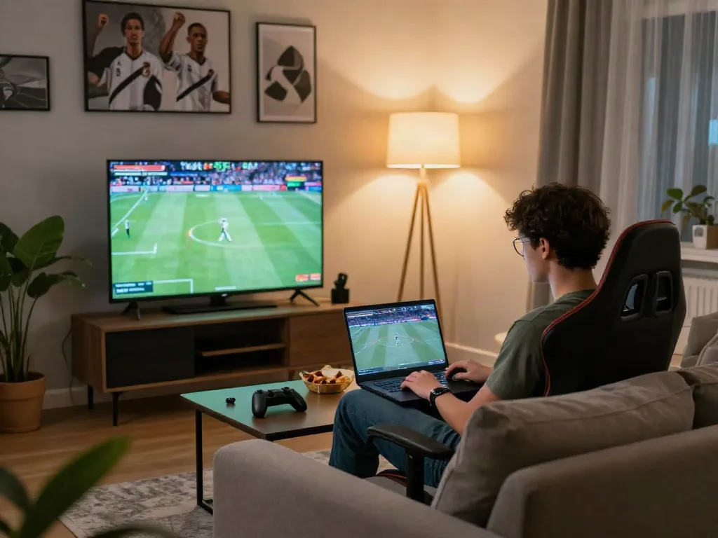 Person using laptop for login situs m88 in a cozy living room with sports on TV.