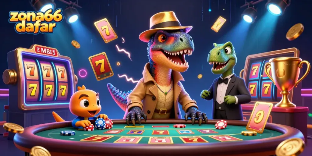 Zona66 daftar dengan velociraptor dan stegosaurus di meja blackjack dalam suasana kasino