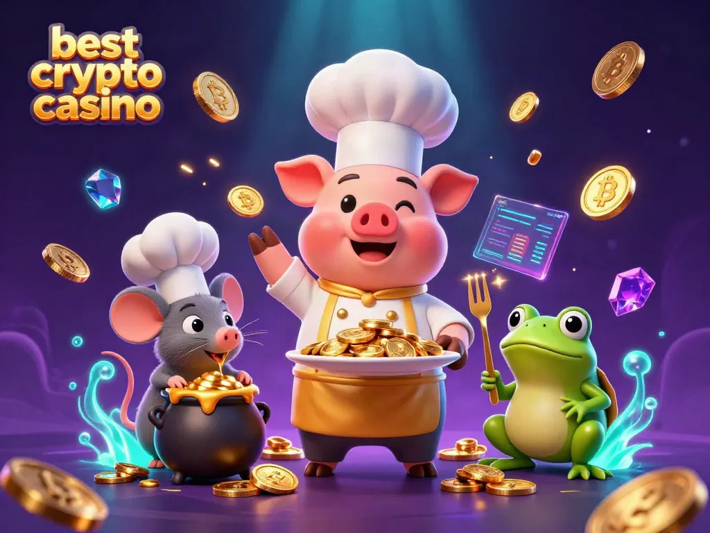Best crypto casino scene depicting a pig chef serving gold coins amidst vibrant casino elements.