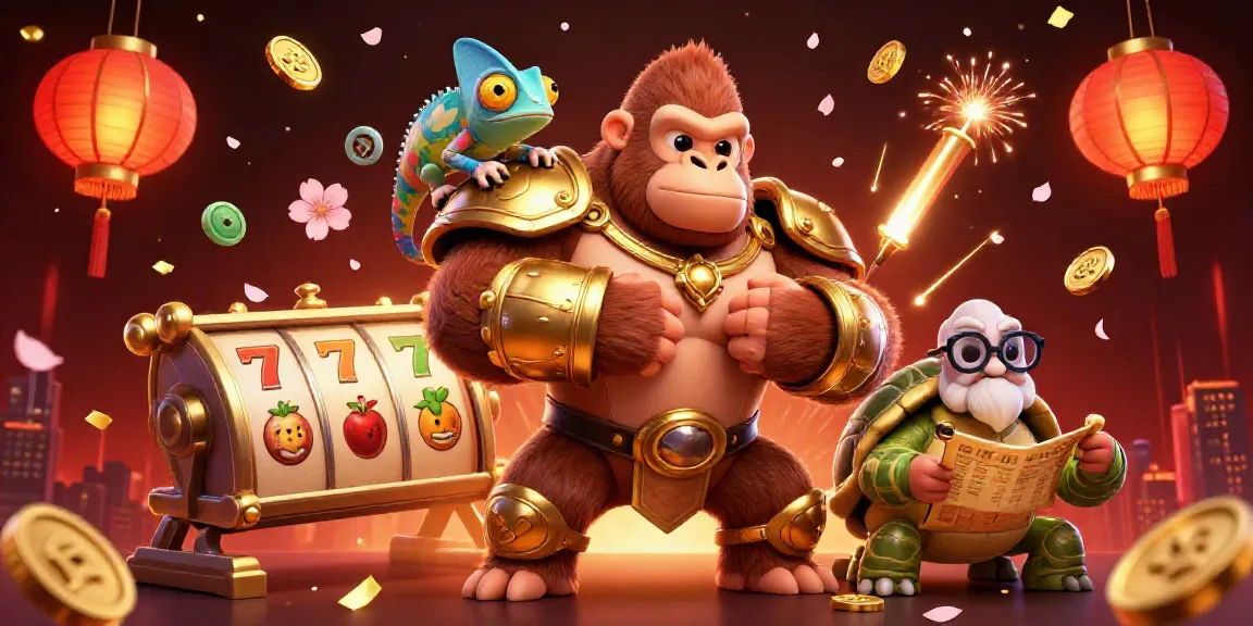 Situs slot gacor 3D illustration depicting a gorilla king, chameleon spy, and tortoise elder amidst vibrant casino elements and festive motifs.