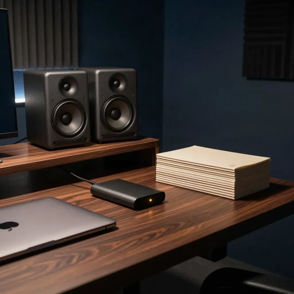 Podcast editing bay with speakers, closed laptop, backup drive, and finished episode cases.