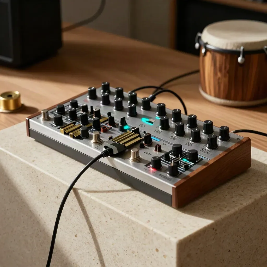 Modular synth gear, brass chime, and percussion on travertine in warm studio light.