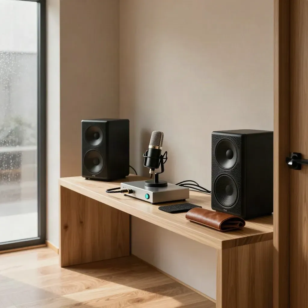 Empty voice demo setup with mic, speaker array and routing unit in warm window light.