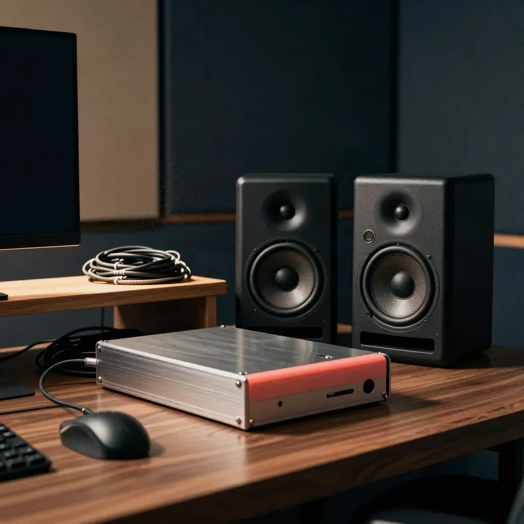 Podcast edit bay with speakers, backup drive and sealed delivery case in a warm studio corner.