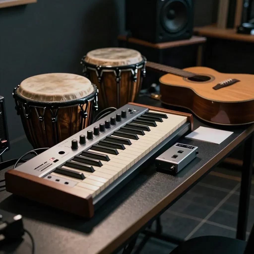 Creator studio desk with synth, percussion, guitar edge, and finished audio drives in cinematic light.