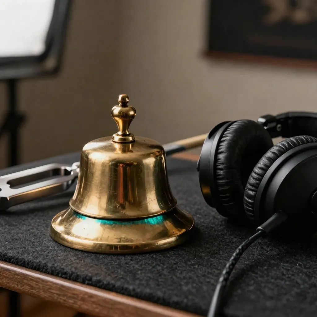 Brass cue bell, tuning fork and headphones on dark felt in a voice studio close-up