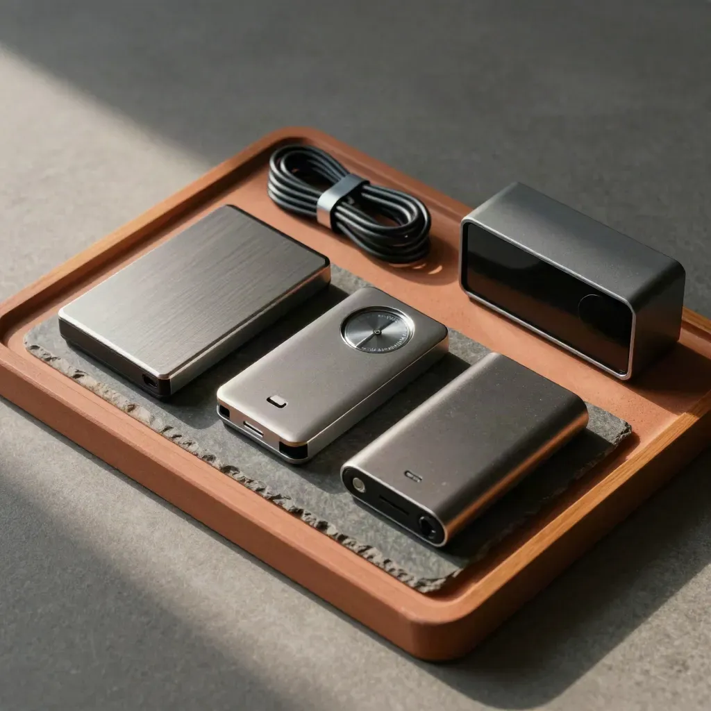 Top-down kit of drives, metronome, cable ties and timer on terracotta stone.