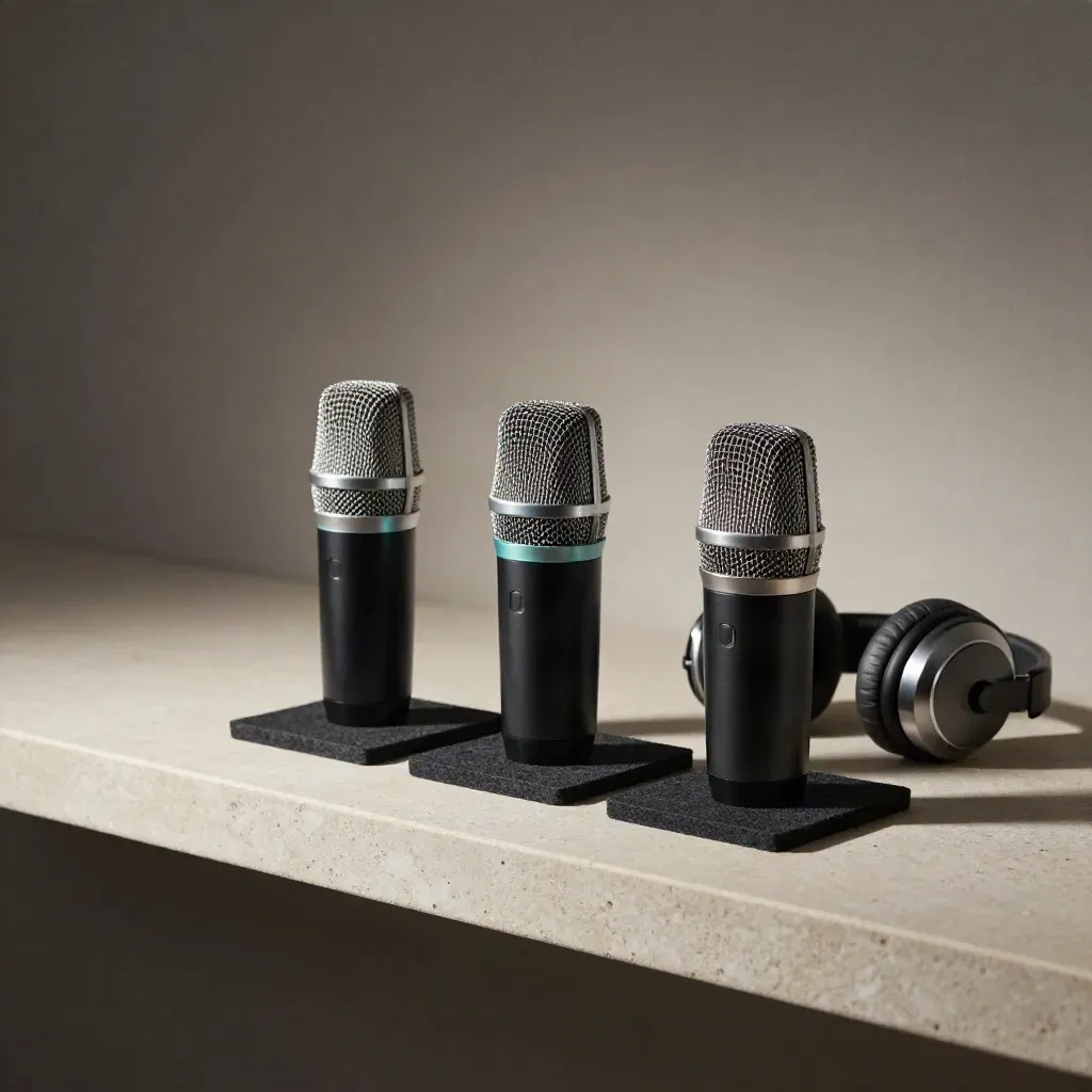 Three microphone capsules on felt pads with a headphone band behind, center capsule sharp.