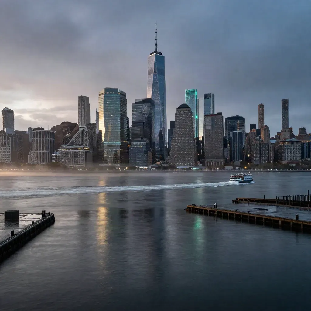 Lower Manhattan and Brooklyn skyline above hazy harbor water at blue hour after rain.