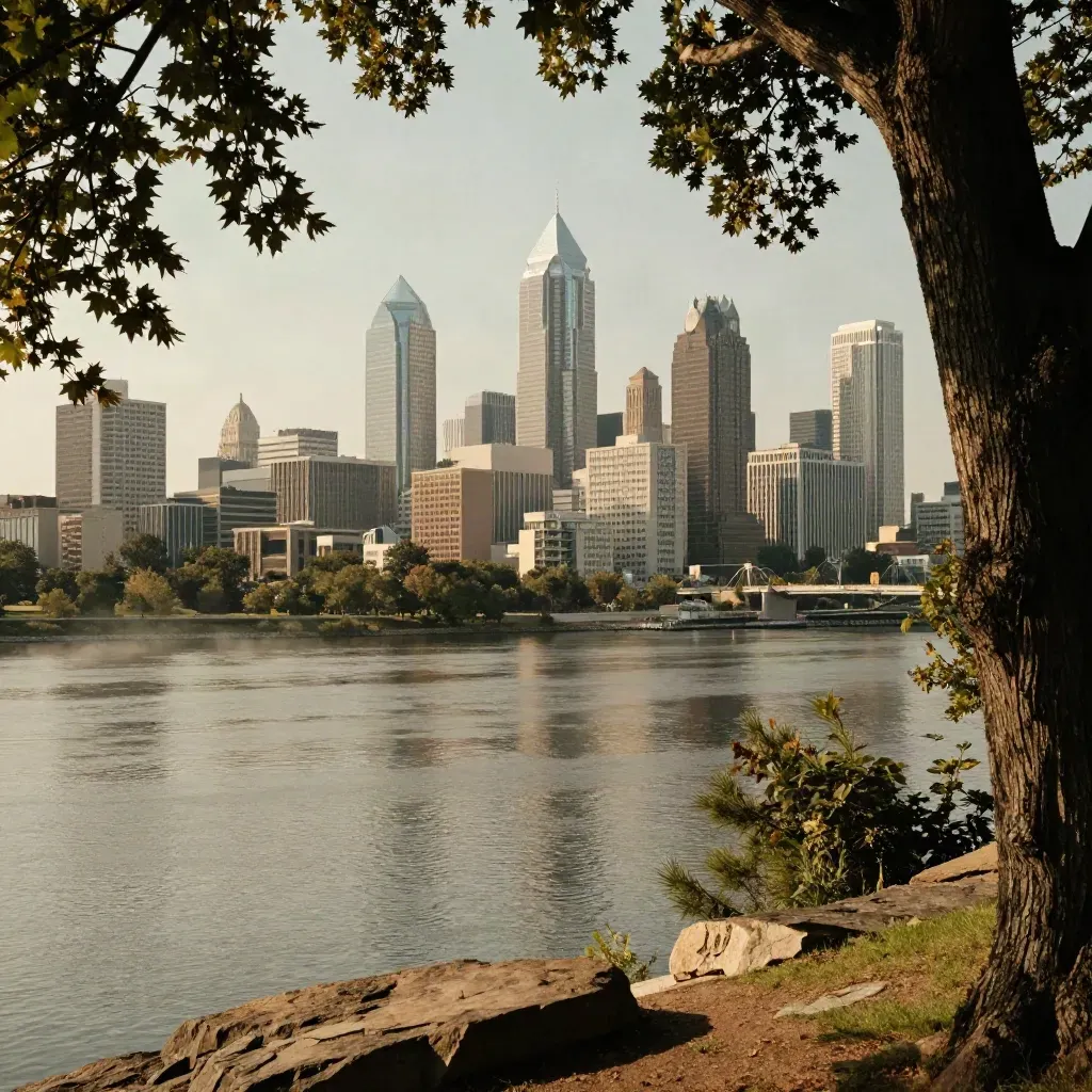 Philadelphia skyline over the Schuylkill from a wooded bluff in warm haze