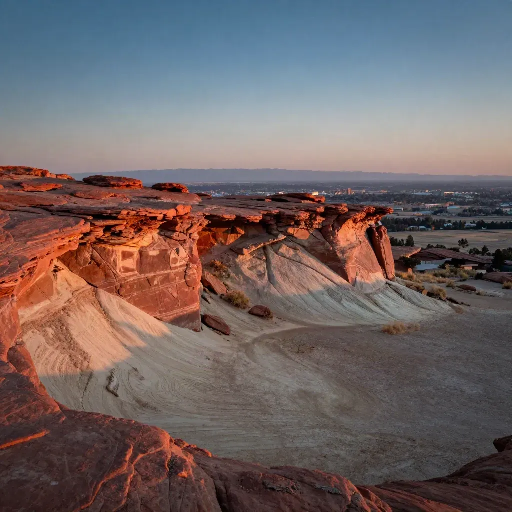 Sunset red sandstone ledges above Denver with distant Front Range and calm open ground