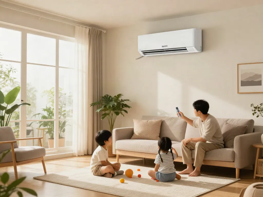 Family enjoying a comfortable living space with a 2400 btu mini split air conditioner mounted on the wall, providing optimal climate control.