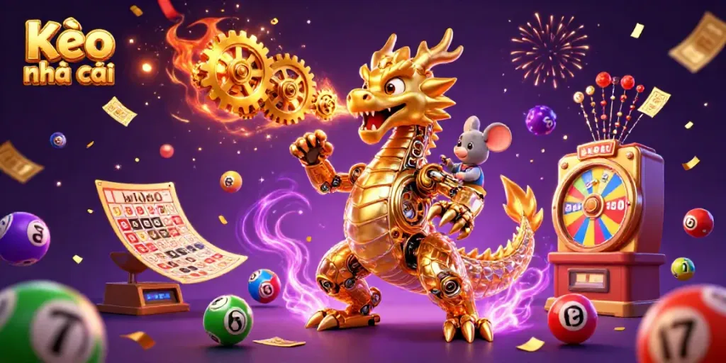 Engage with Kèo nhà cái in this vibrant casino-themed illustration showing a golden dragon amidst lottery elements and festive atmosphere.