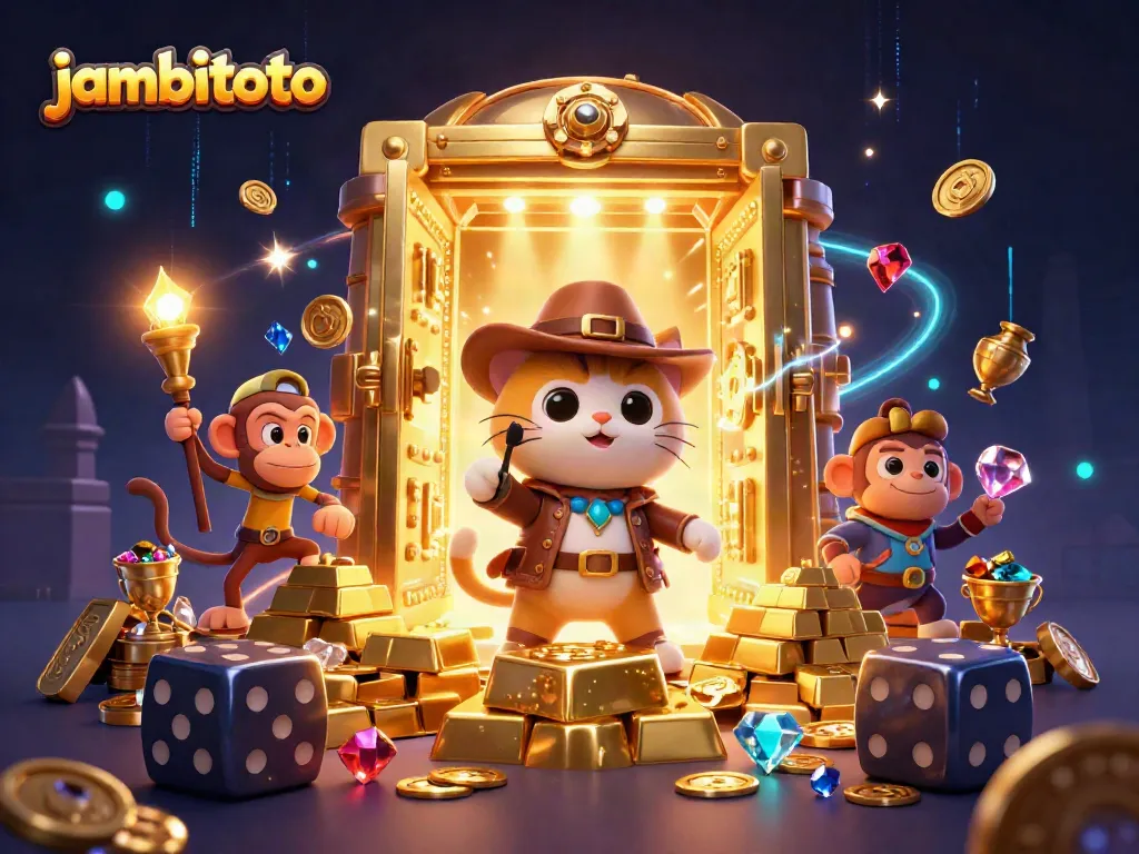 Experience thrilling gaming action with jambitoto's vibrant 3D scene of cats and treasures.