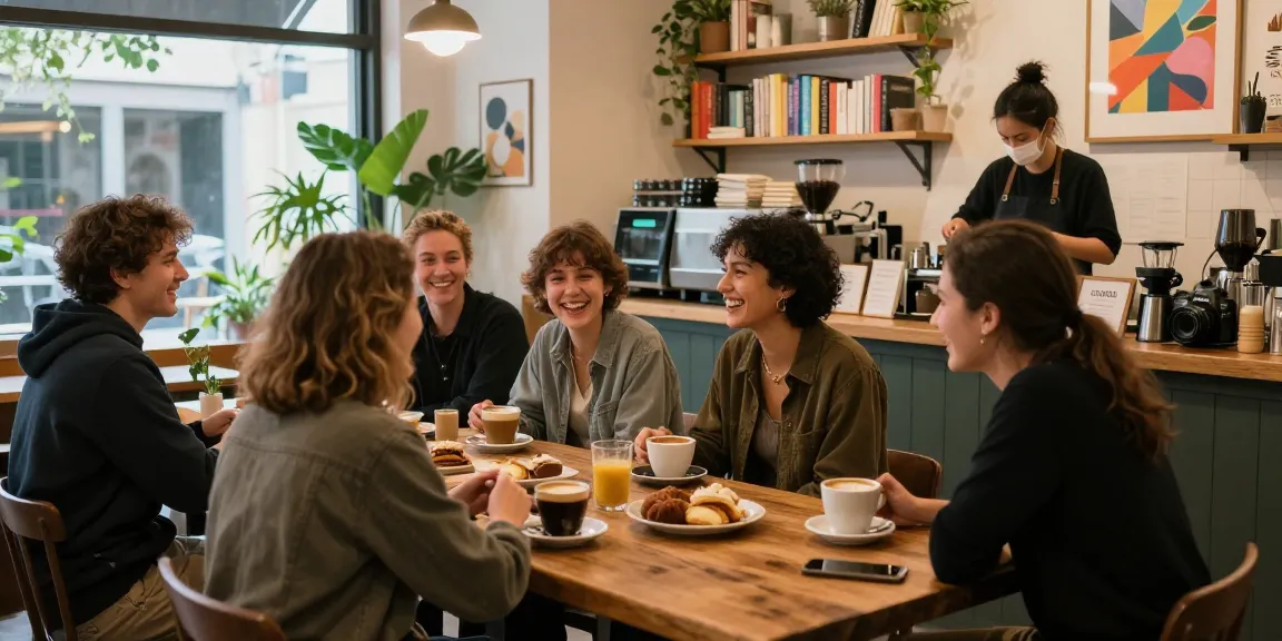 Community gathering at rokok88 café showcasing friends enjoying artisanal coffee and pastries.