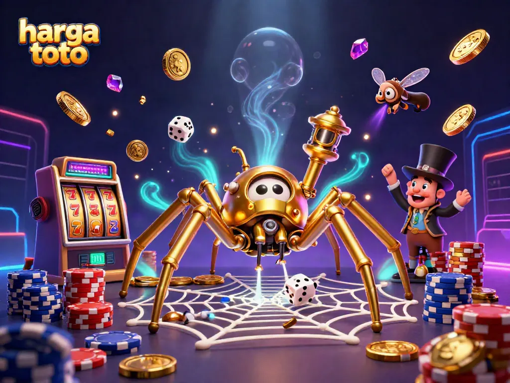 Engage with the vibrant world of harga toto featuring a steampunk spider, sparkling coins, and jackpot reels.