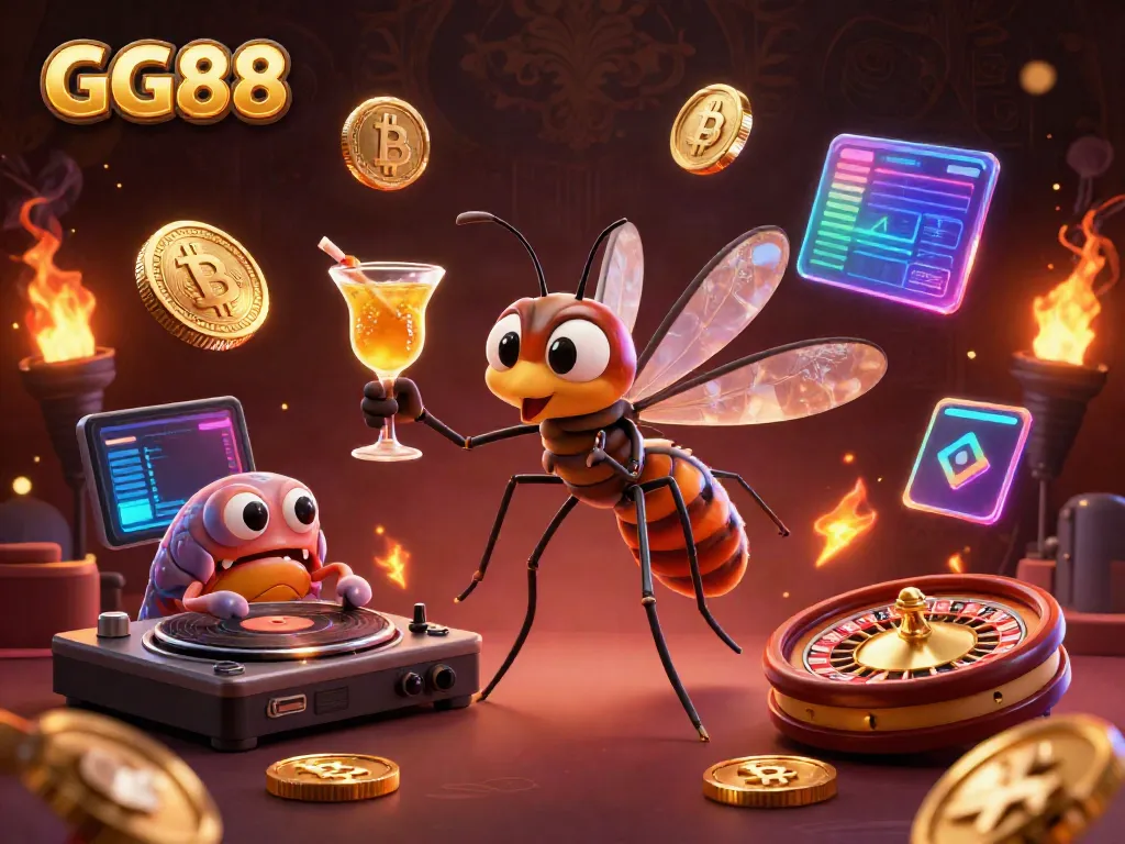 Experience the excitement of GG88 with a lively mascot, trilobite DJ, and golden roulette in a vibrant casino scene.