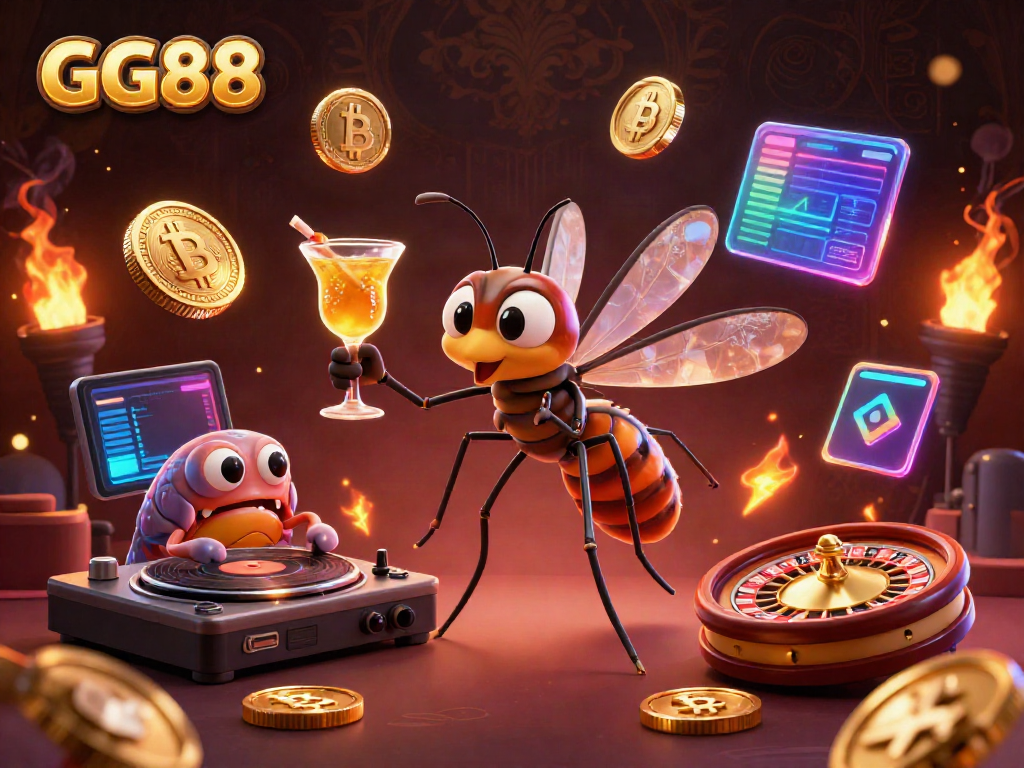 Experience the excitement of GG88 with a lively mascot, trilobite DJ, and golden roulette in a vibrant casino scene.