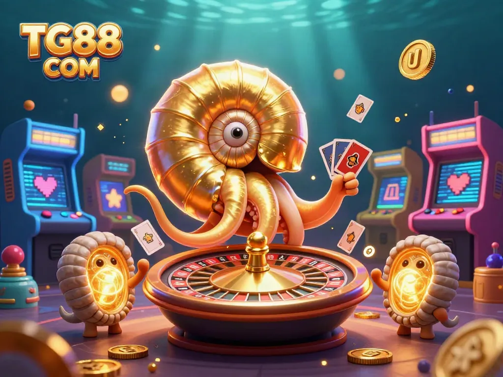Engage with TG88 COM through an ultra-detailed casino scene featuring a giant nautilus as a roulette wheel.