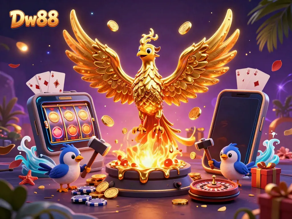 Experience the thrill with Dw88's golden phoenix and casino games in a vibrant 3D scene.