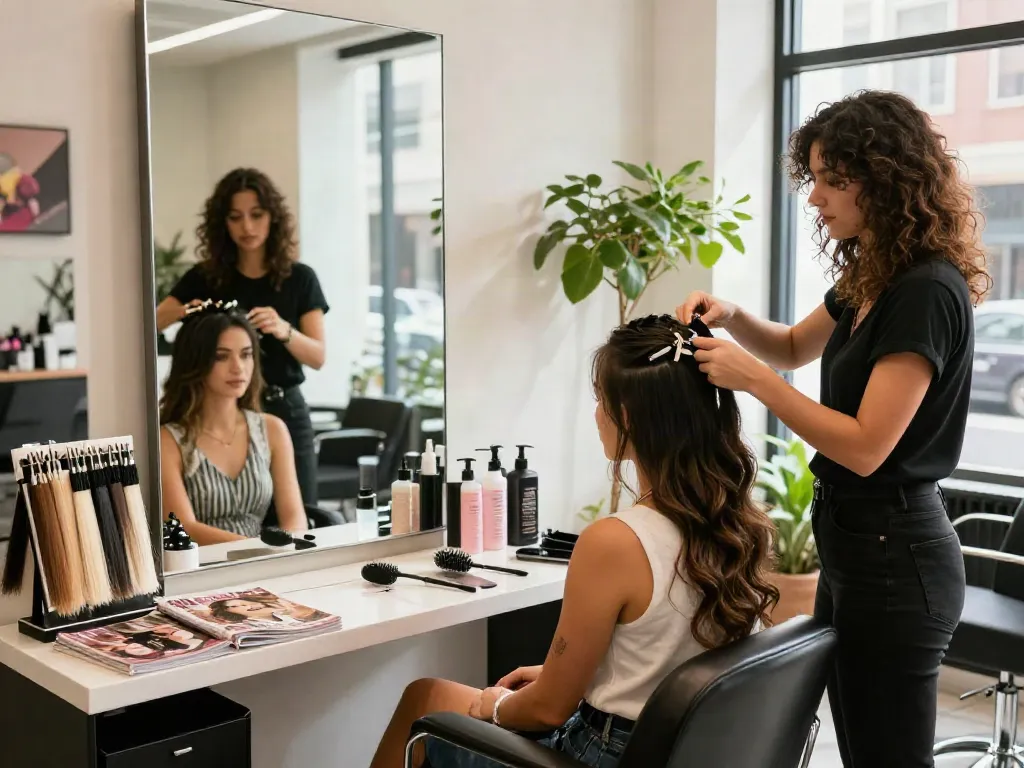 Woman getting seamless hair extensions clip in at a chic salon, showcasing stylist assistance and vibrant atmosphere.