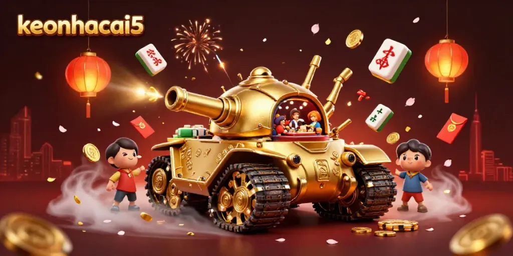 Engage with keonhacai5's dynamic casino universe featuring a golden beetle tank revealing a mini casino.