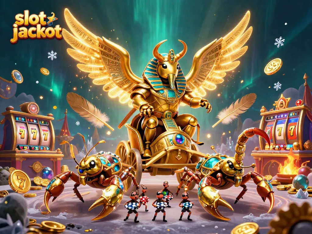Menggoda pemain dengan slot jackpot, tampak ilustrasi kasino 3D yang menampilkan scarab emas dan scorpion berlian.