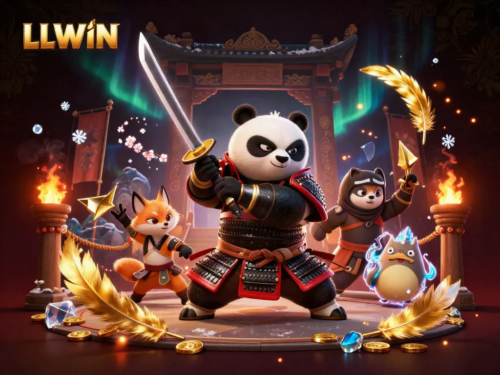 LLWIN samurai panda and ninja fox battle in a vibrant online gambling arena.