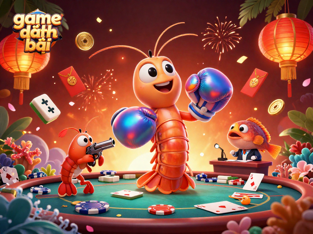 Game đánh bài illustration showcasing lively poker characters amidst vibrant casino elements.