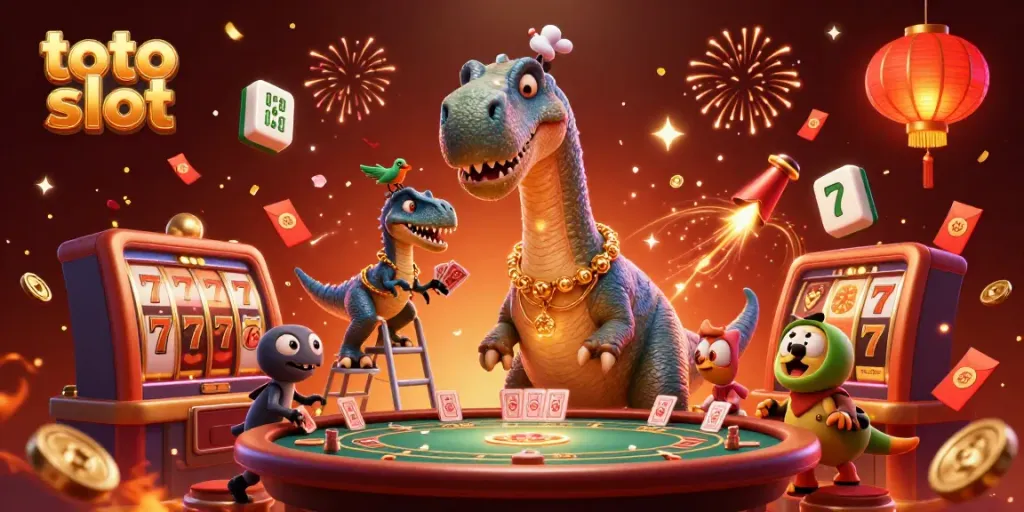Engage with exciting toto slot play featuring a giant cartoon dinosaur amidst a dynamic casino scene.