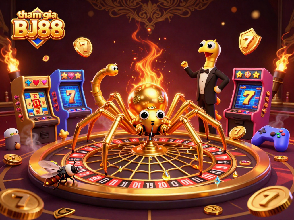Participate in tham gia BJ88 with a vibrant casino-themed digital art featuring a golden spider and exciting game elements.
