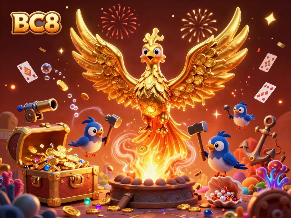 Experience thrilling casino action at BC8 with a golden phoenix and vibrant treasure elements.